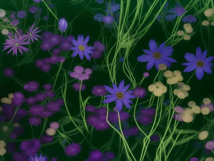 purple flowers and green leaves are in a pond of water, a gouache by Henriette Grindat, flickr, conceptual art, bioluminescent plants, dark flowers, luminescent plants, ultraviolet photography, plants growing on it. gouache, bill henson, botanical photo, p...