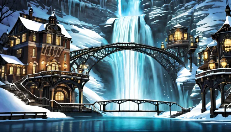 A world inspired by steampunk, (((Stunning waterfall in a steampunk style:1.3))), A majestic waterfall freezes, Breathtaking representation of ice and snow, (((illustration of darkness and light:1.3))), amazing winter waterfall, Big bridge illuminated, cry...