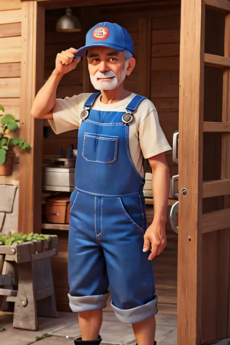 a mechanic looking 70 years old with a cap, and work overalls, with a combination key in hand, fazendo sinal de positivo.