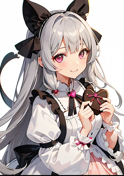 girl、white background、no background、long hair、long hair、gray hair、big ribbon、one piece、frills、cute、smile、pink type、Holding chocolate in hand、Valentine、no background