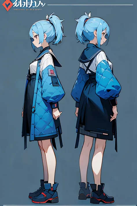 (character design), three side view, full body, body language, outfit, official art, girl, blue hair