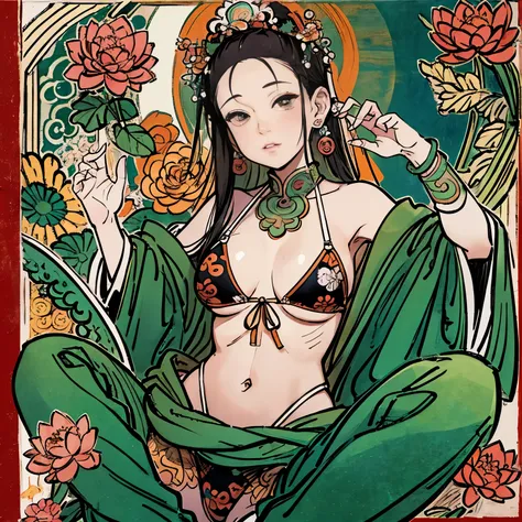 woman，Perfect body，bikini,Calm expression,Shui Mo Hua,Buddha,Buddha教徒,lotus,Chinese painting style,thangka style