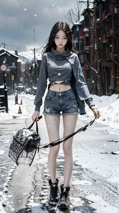 a very thin beautiful girl，16 years old，Height 167cm，Weight 39kg，Waist 52cm，Long hair with a shawl，Wear a waist-baring sweatshirt，abdominal muscles：1.5，cotton shorts，bare legs，thin legs：1.5，Standing in the snow，whole body，