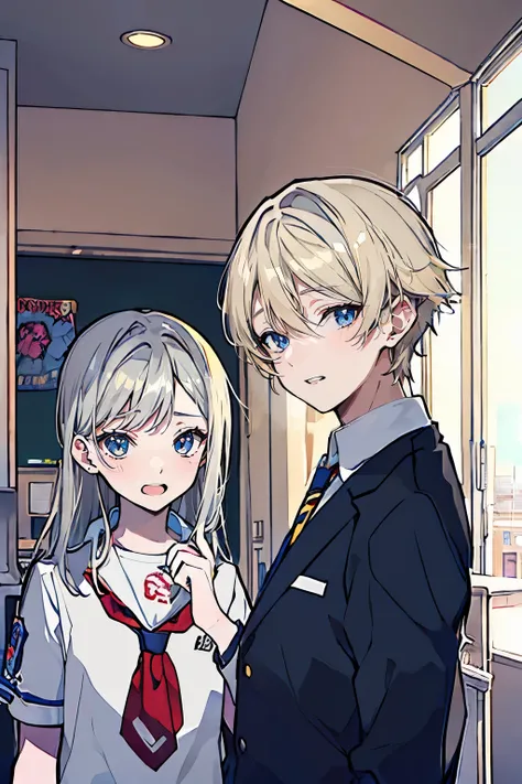 (muste piece), (best quality), very detailed, (((Two friendly high school boys:1.5))), perfect face, beautiful face, very detailed face，(silver haired man:1.3)，(blonde man:1.3)，School，classroom，student uniform，tie，shirt