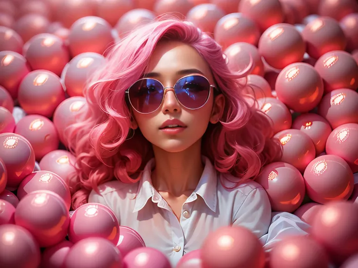 photorealistic, high resolution, 1 beautiful female, malay beauty, long wavy hairstyle, pink hair, pink sunglasses, white shirt, her body buried under a lot of small pink ball, studio lighting, chromatic aberration. 