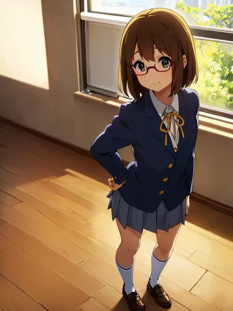 1girl, (((​masterpiece))),(((full body))), top-quality, top-quality, High Details, Hirasawa Yui, 1girl, Sakuragaoka High School Uniform, student clothes, two yellow hairpin, short hair, A brown-haired, brown-eyed, glasses, solo, reddish, Dark blue blazer w...