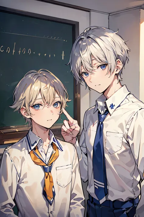 (muste piece), (best quality), very detailed, (((Two friendly high school boys:1.5))), perfect face, beautiful face, very detailed face，(short silver hair man:1.3)，(blond short hair man:1.3)，School，classroom，student uniform，tie，long sleeve shirt