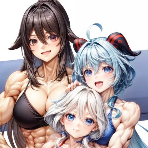 3girls,muscular female,,muscular ,biceps,,thick arm,biceps,(furina, hu tao,ganyu),happy,swimsuit,abs