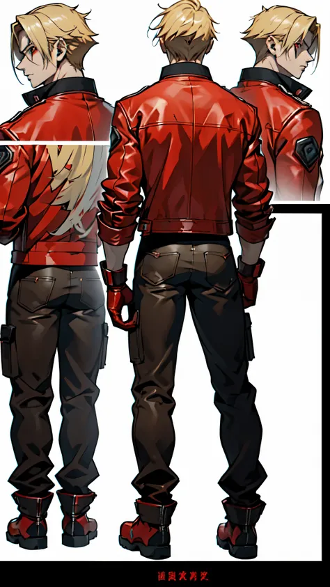 ((full shot of an anime handsome young man wearing a red leather jacket)), (((back view))), ((light blonde hair)), ((pale skin)), (Leon Kennedy), red eyes, anime cyberpunk character, gloves, anime character sheet, character concept, character walking, full...