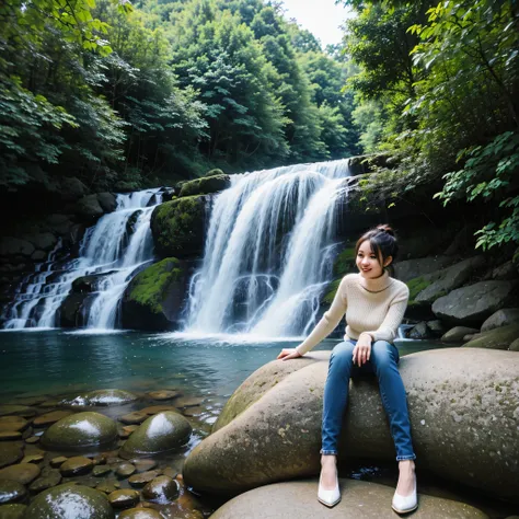 generate img 
 TYPE : Beauty Photography
THEME : Natural
RACE : Indonesian, young
PERSON 1 : Early 20s, woman
SCENE : outdoor,sitting on a rock near a tall waterfall, wearing turtleneck sweater and long jeans , smile, make, creating and beauty atmosphere, ...