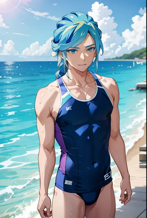 anime boy in a lightblue and purple swimsuit on the beach waving、Boy with long green hair、blue eyed boy、Braid、is wearing a swimsuit、ワンピースswimsuit、clothing:ハイカットswimsuit、swimsuit、A boy wearing a light blue and purple tank suit、ワンピースswimsuit着用、wet swimsuit、L...