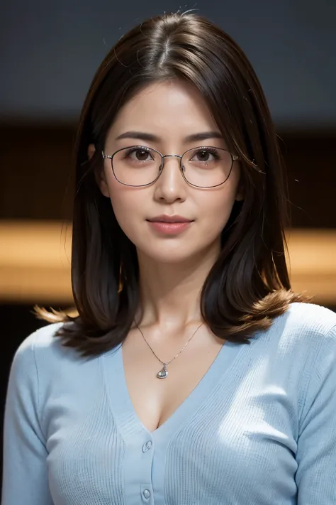 8k, highest quality, masterpiece, realistic, Photoreal, super detailed, Natural light, well-shaped chest, I can see the cleavage, 1 person, 35 year old female, black hair, straight hair, silver rim glasses, (look at the audience), pendant, Light blue knit ...