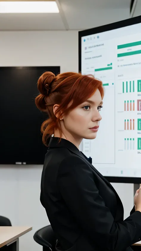 redhead woman, hair styled two buns, formal clothes, In a modern meeting room, focused and engaged in a discussion with holograms or digital screens around, demonstrating leadership and innovation,