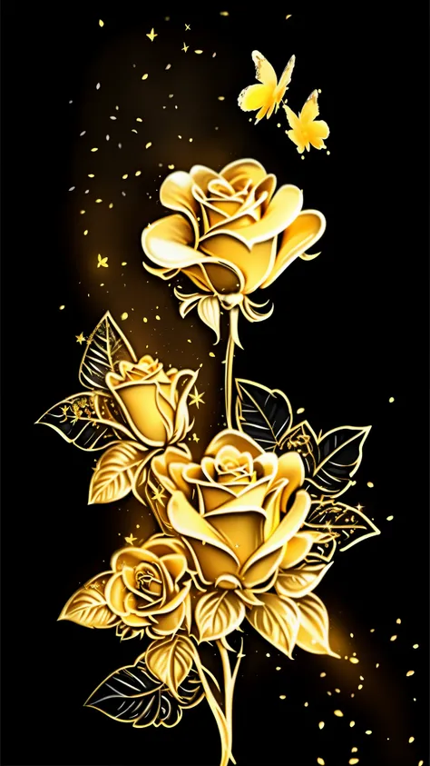 a close up of a gold rose with butterflies on a black background, gold flowers, golden flowers, flowers and gold, black and gold rich color, mobile wallpaper, gold theme, black and gold colors, gold flaked flowers, golden theme, realistic gold, phone wallp...