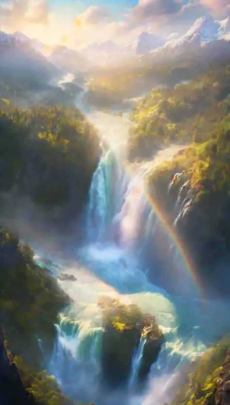 aerial photography，shrouded in mist，A huge waterfall on a towering mountain，Rising water vapor，rainbow，Sun glare spots，Realistic ray tracing，True light reflection，Real light refraction，Super fine，Super realistic，Super dreamy，Extreme portrayal，8k，masterpiec...