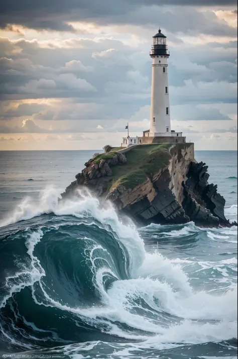 ocean smashing against a lighthouse with a rocky base