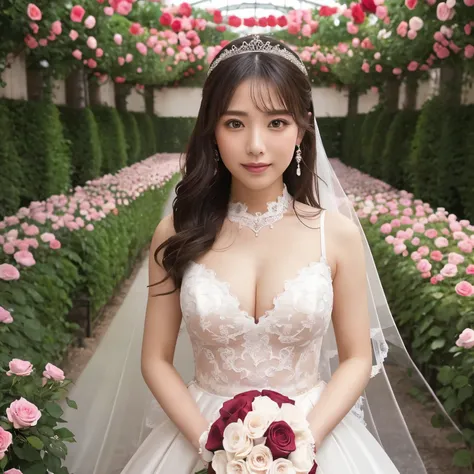 (table top、highest quality、8k、very detailed and intricate details、Award-winning work、ultra high resolution)、(pregnant princess in a wedding dress:1.1)、(Gorgeous huge rose field with depth:1.3)、(A wedding ceremony is held in a flower garden filled with brig...