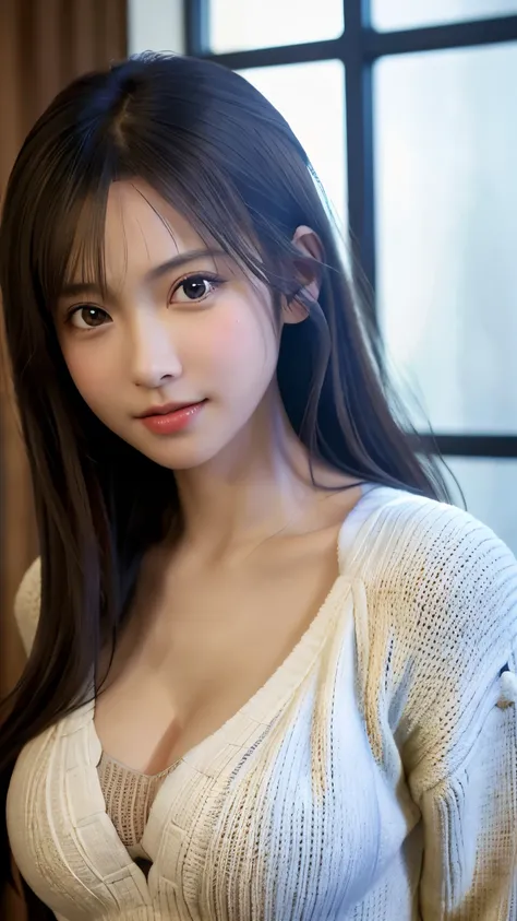 8K, of the highest quality, masutepiece:1.2), (Realistic, Photorealsitic:1.37), of the highest quality, masutepiece, Beautiful young woman, Pensive expression,、A charming、and an inviting look, Oversized knitwear、cleavage of the breast, Hair tied back, Cine...