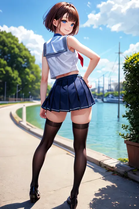 1 girl, sailor suit, bare shoulders, red tie, short hair ,dark brown hair, blue eyes, thighs, Fleet Collection, mini skirt, Thighhighs, leather shoes､ backwards､ Turn around､ smile ､hands clasped behind the back information