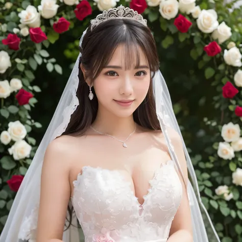 (table top、highest quality、8k、very detailed and intricate details、Award-winning work、ultra high resolution)、(pregnant princess in a wedding dress:1.1)、(Gorgeous huge rose field with depth:1.3)、(A wedding ceremony is held in a flower garden filled with brig...