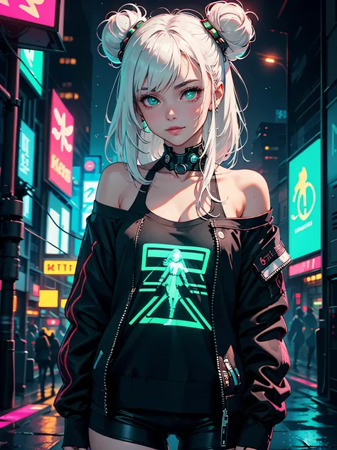 1girl, solo, white hair, hair in two buns, barcode, looking at viewer, lips, chromatic aberration, alluring smirk, long hair, upper body, off shoulder, android, shirt, cyberpunk, glowing green eyes,science fiction, cable,neon lights,(cyberpunk:1.2), lookin...