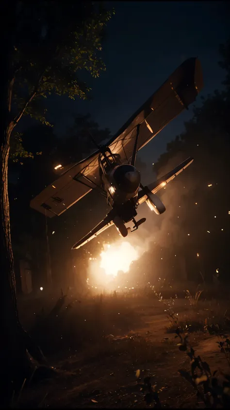 there is a small airplane flying through the air at night Unreal Engine prowess on display in hyperrealistic glory, intricately detailed and softly lit, an 8K spectacle by Frida Kahlo