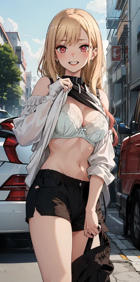 best quality, (masterpiece:1.2), detailed,
Beichuan Marine SB,
1 girl, alone, teeth, bright smile, earrings,
long hair, blonde hair, red eyes, colorful hair, black ribbon, black collar,
black shorts, White shirt, Off the shoulders, shirt tucked in,
Permane...