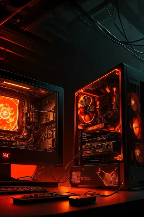 Intense close-up illustration, burning gaming PC in focus, red and orange hues dominating the scene, detailed circuitry and wires in sharp contrast, smoke curling up from the components, high-definition texture, realistic lighting effects, high contrast, h...