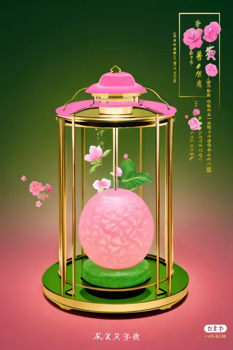 spring,Chinese pastry，Gold ingot，porcelain，lantern，HD，pastry table，New Chinese style，get rich,pink,green,Ink illustration