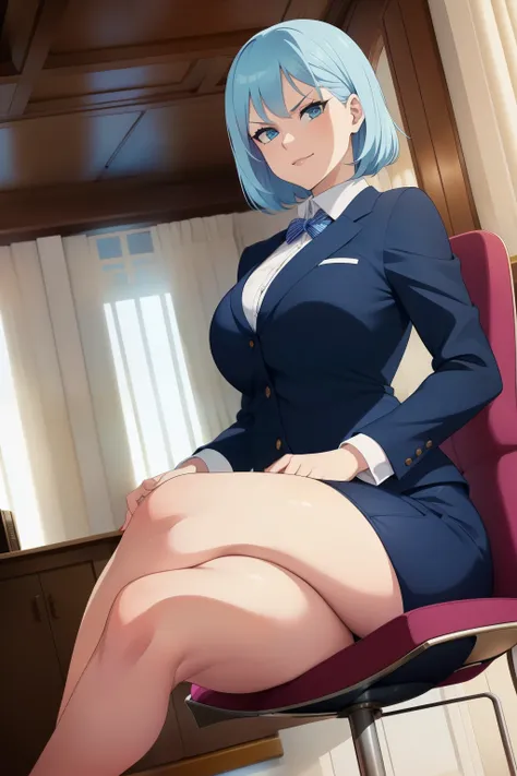 woman in a business suit, blue hair, curvy, busty, evil smirk, dominant stare, thick thighs, from below, sitting in a chair, sit...