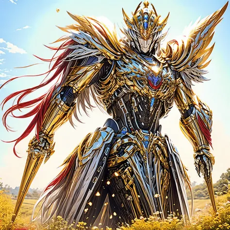 In a divine setting, a holy paladin stands strong, adorned in magnificent red and gold armor. The light-infused sword he wields emits a powerful glow, representing his unwavering devotion to justice. His armor gleams in the radiance of the (magewave:1.1) a...