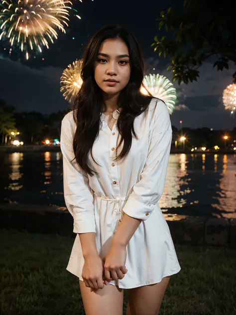 a handsome young Indonesian man with middle-parted hair, a shirt and jeans. taking photos together at a fireworks display night, a beautiful young Indonesian woman with long wavy hair dressed in an elegant mini dress.