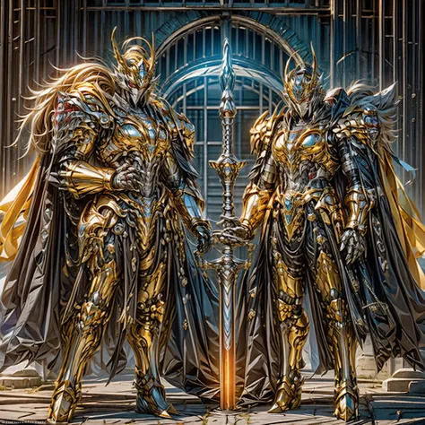 In a divine setting, a holy paladin stands strong, adorned in magnificent red and gold armor. The light-infused sword he wields emits a powerful glow, representing his unwavering devotion to justice. His armor gleams in the radiance of the (magewave:1.1) a...