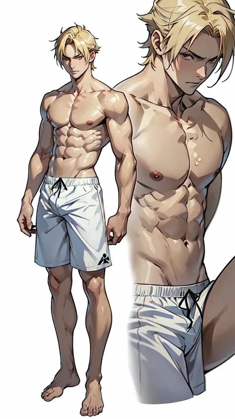 ((full body shot of an anime handsome shirtless young man in swimming trunks)), bare feet, shirtless, ((light blonde hair)), ((pale skin)), (Leon Kennedy), red eyes, anime character sheet, character concept, full body concept, single character full body, m...