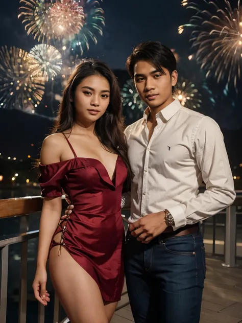 a handsome young Indonesian man with middle-parted hair, a shirt and jeans. took a photo together with a beautiful young Indonesian woman with long wavy hair dressed in an elegant mini dress. on a fireworks night