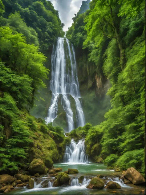 great and high waterfall, beautiful mountainous area, trees, green trees, immersive background, cascading, hidden waterfall, mys...