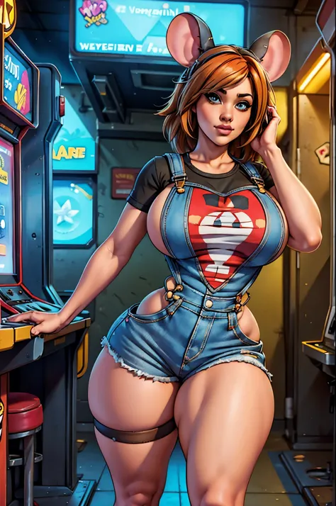 Gaige huge  curvy thick thighs long legs mouse ears wearing overalls and t shirt posing in arcade high-quality masterpiece 