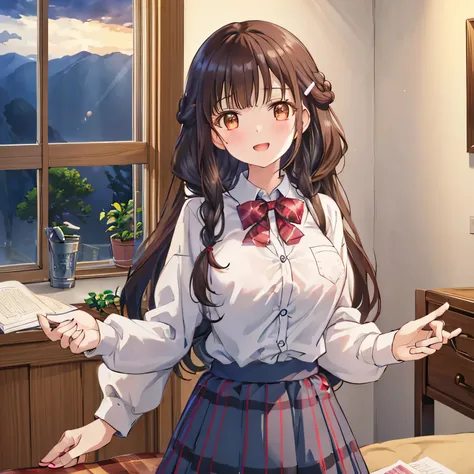 highest quality, (masterpiece:1.2), very detailed, The background is a girlish room decorated with many uniforms., 1 girl, open your mouth, nice smile, brown eyes, Long brown hair, 15 years old, long braids, big hair clip, school uniform, ((dark blue plaid...