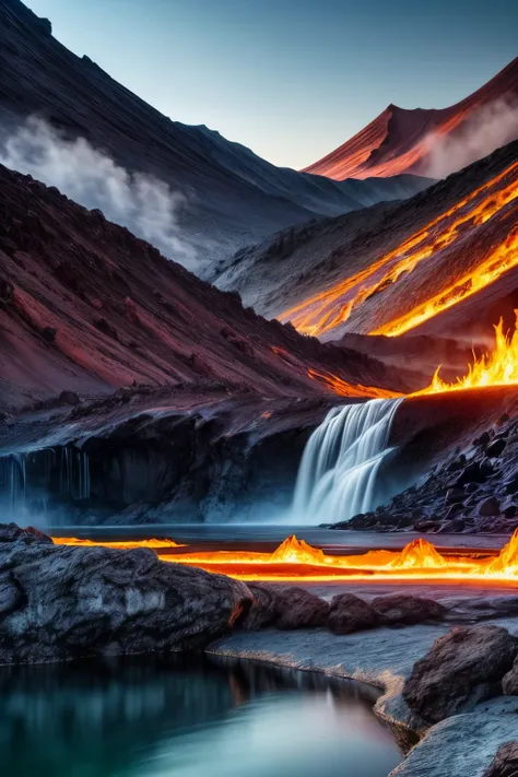 great lava waterfall, lava, magma, volcano, beautiful mountainous area, water vapor from a lake into which magma flows, immersive background, cascading, beutiful landscape photography, hdr, raw photo