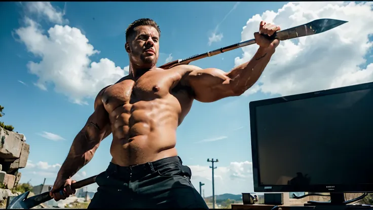 (action scene) a action scene of a muscular man holding a pickaxe looking at the screen, action pose, dynamic perspective