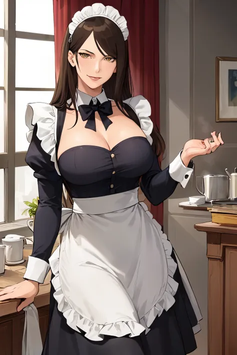 (mature female:1.4), masterpiece, best quality, brown hair, long hair, yellow eyes, large breasts, smirk, 1girl, (maid, maid hea...