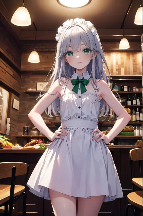 index, index, (green ruby eyes:1.5), silver hair, long hair, (flat chest:1.2),smile,blush,bossy,she was wearing a maid long skir...