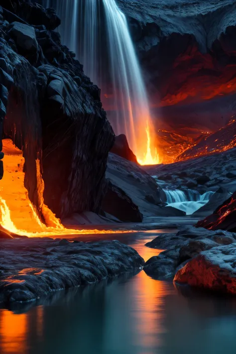 great lava waterfall, lava, magma river, volcano, beautiful mountainous area, water vapor from a lake into which magma flows, immersive background, cascading, beutiful landscape photography, hdr, raw photo