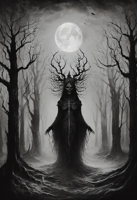 best quality, highres, ultra-detailed, monochrome, witch, hierograma style, xerox, fog, skull, decayed trees, dead trees, haunti...