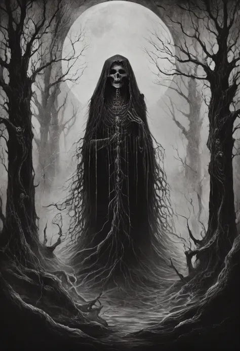 best quality, highres, ultra-detailed, monochrome, witch, hierograma style, xerox, fog, skull, decayed trees, dead trees, haunti...