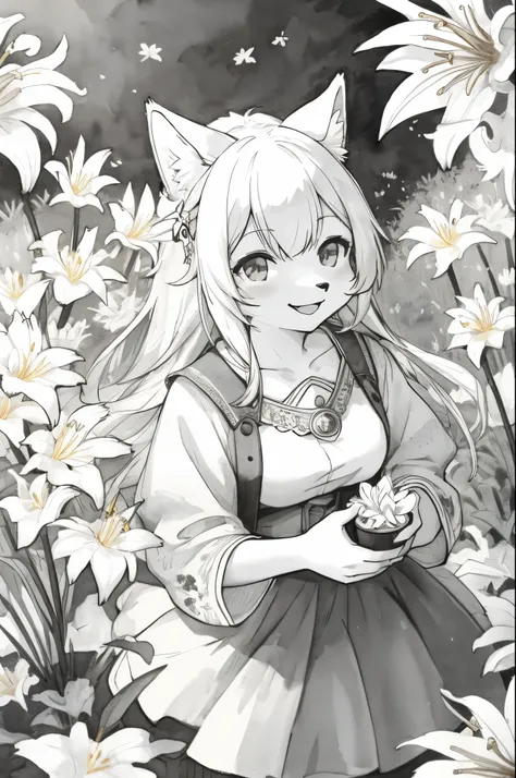 monochrome, watercolor, highres, top quality, best quality, paid reward available, High-quality illustrations, unparalleled masterpiece, perfect artwork, absurdres, 1girl, kemono, furry, detailed body fur, animal face, animal hand, Archaic Smile, holding a...