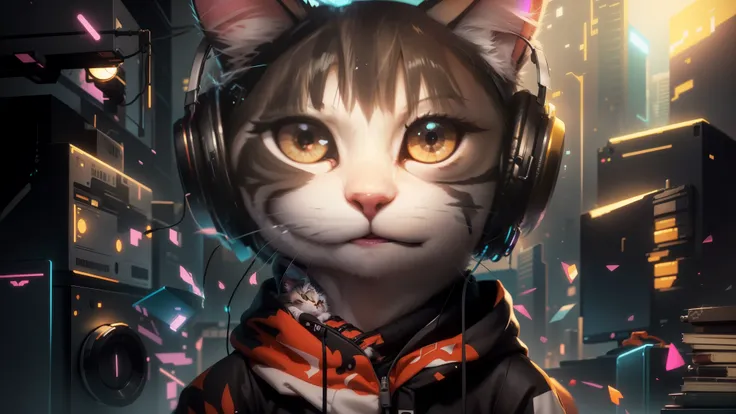 there is a cat wearing headphones and a jacket, beeple and jeremiah ketner, inspired by Cyril Rolando, in style of cyril rolando, jen bartel, lofi art, cyril rolando and goro fujita, wearing cat ear headphones, style hybrid mix of beeple, cyberpunk cat, an...