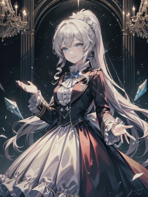 dramatic composition, coat style dress, royal, nice, カスケードfrills, frills, bow, crystal chandelier, roman curly hairstyle, ponette, double ponytail like a drill, look at the camera, bangs, maximalism, palace background, Delicate depiction of hair and eyes, ...