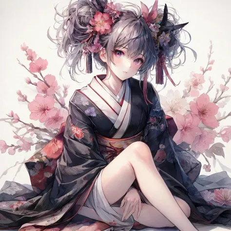 anime girl in kimono outfit sitting on a bed with flowers, guweiz, anime style 4 k, anime art wallpaper 4 k, anime art wallpaper...