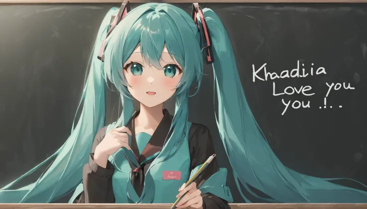 Hatsune miku, (she text on blackboard: " Khadija Love You" : 1 5)